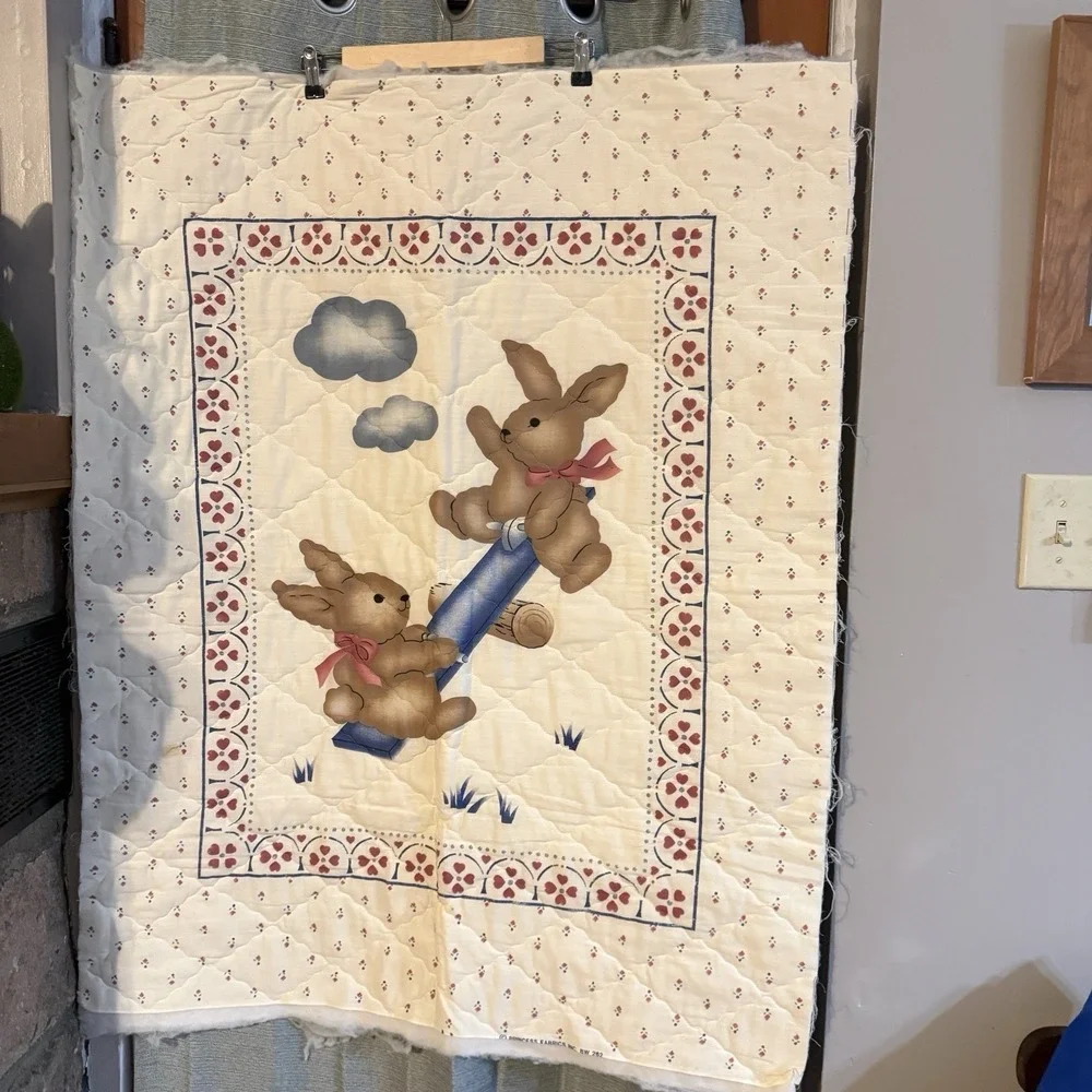 VTG '80's Countrycore Tetter Totter Bunnies Unfinished Crib Quilt Panel Princess